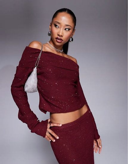 exclusive sequin off shoulder long sve top and maxi skirt co-ord in burgundy