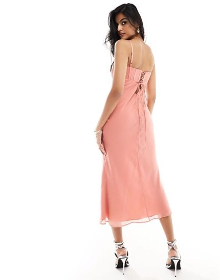 corset bust detail bias midi dress in rose pink